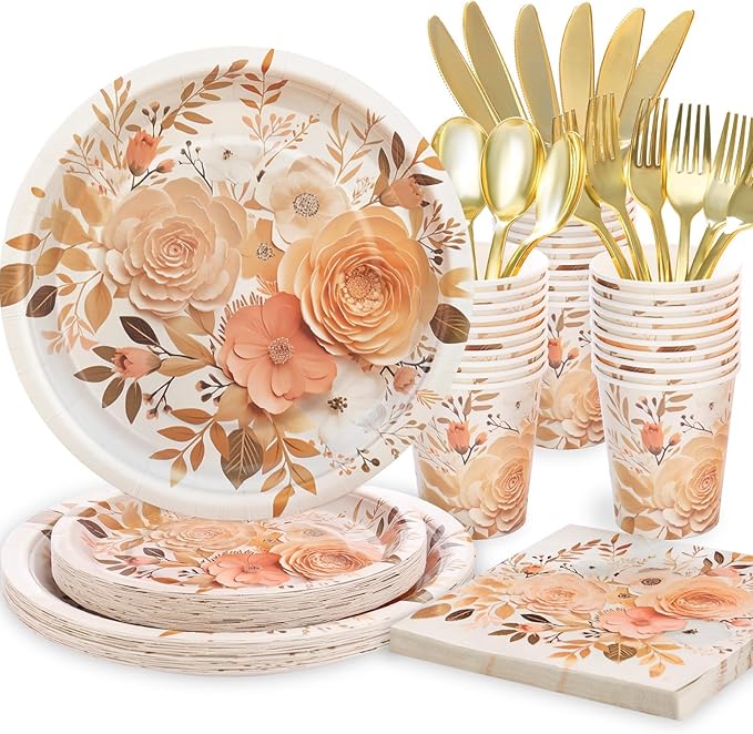 175PCS Floral Plates and Napkins Sets, Floral Party Supplies Plates, Cups, Spoons, Fork, Napkins - For Women Birthday Party Decorations