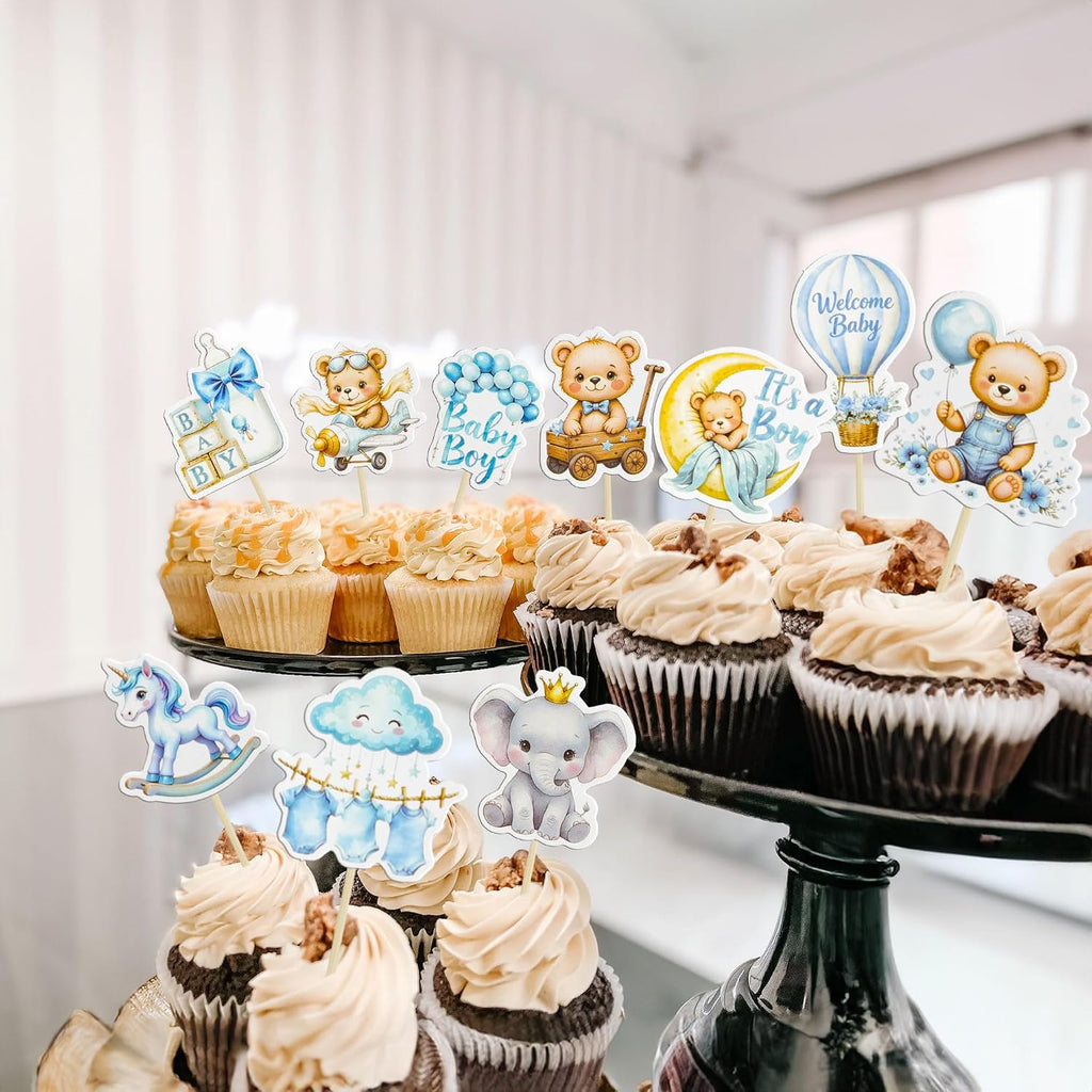 Gyufise 40Pcs Baby Girl Cupcake Toppers Baby Shower Decorations for Girls Rainbow Balloon Elephant Bear It's a Boy Cupcake Picks for Baby Shower Birthday Party Supplies Blue White