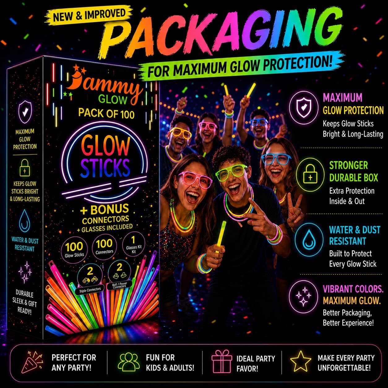 Ammy Glow Glow Sticks (205 Pcs Kit) Bulk Party Pack-100 Pack Glow Sticks with Connectors & Glasses- Party Favors for Kids 8-12- Neon Glow in The Dark Party Supplies for Birthdays & Events