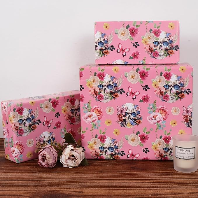 Aimyoo Gothic Wrapping Paper Roll, 17 Inch X 33 Feet Skull Floral Butterfly Design Gift Wrap Paper for Mother's Day, Birthday Bridal Shower
