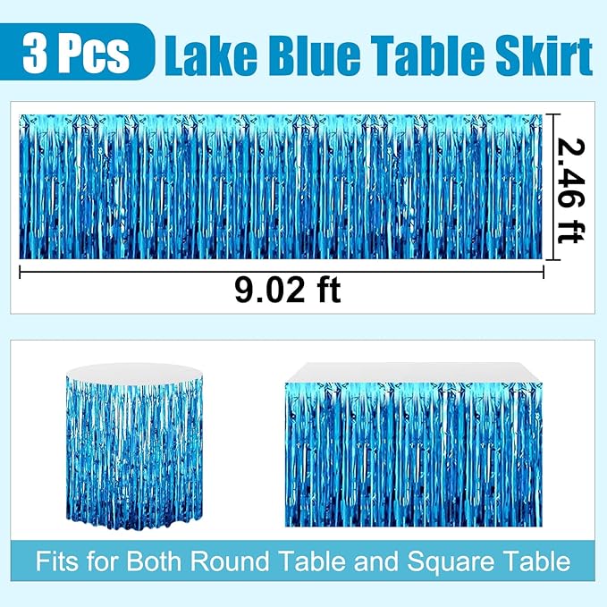 3 Pack 29 x108 Inch Lake Blue Foil Fringe Table Skirts Metallic Banner for Tinsel Streamer Garland Backdrop for Parade Floats Wedding Thanksgiving Birthday Christmas New Year Party Decoration
