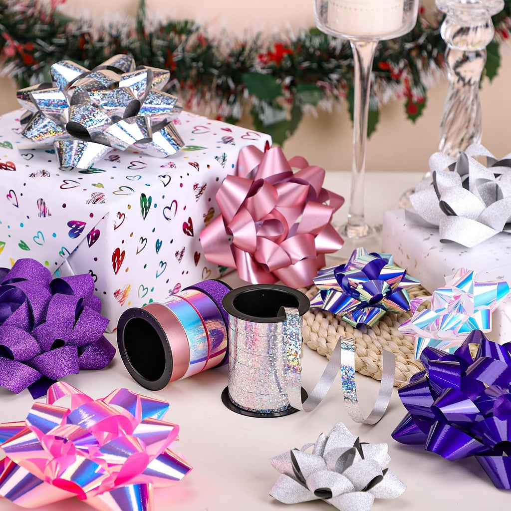 18 Pcs Gift Bows, 16 Assorted Size Gift Bows and 2 Crimped Curling Ribbons | Ideal for Party Gift Wrapping Birthday Decoration(6 Colors)