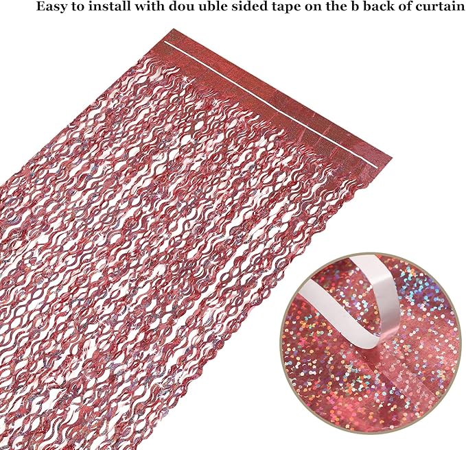 3 Pack 3.3 ft x 6.6 ft Tinsel Curtain -CYLMFC Rose Gold Birthday Backdrop Background for Wedding Graduation Engagement Party Backdrop Decor