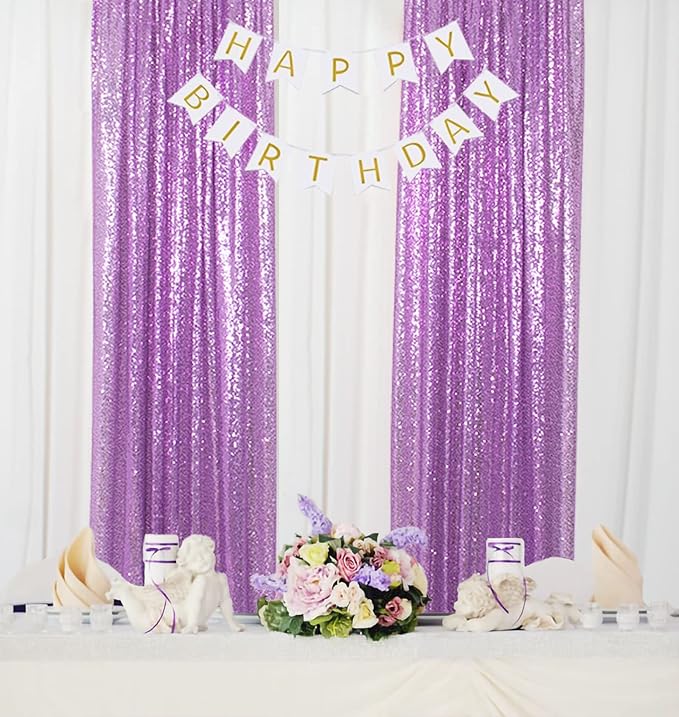 ShinyBeauty Sequin Curtains 4 Panels Lavender Sequin Backdrop Photo Backdrops Shimmer Background Party Decor Glitter Fabric Light Purple Curtain for Baby Shower(2FTx8FT)