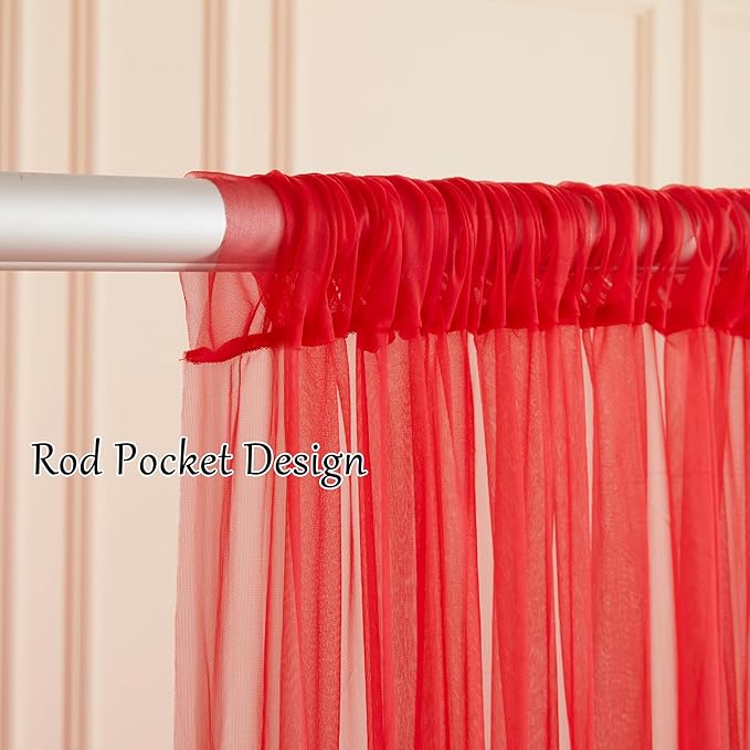 20×10ft Red Tulle Backdrop Curtain with Lights for Parties, Sheer Photo Backdrop Curtains for Wedding Party Photography Background