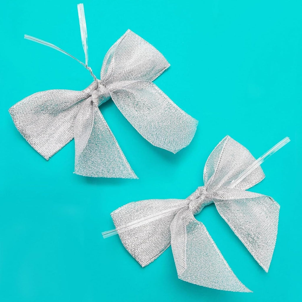 Bright Creations 36-Pack Mini Organza Twist Tie Bows - 4x3 Inch Silver Organza - Premade for Treat Bags & Gift Wrapping - Metallic Treat Bag & Craft Bows
