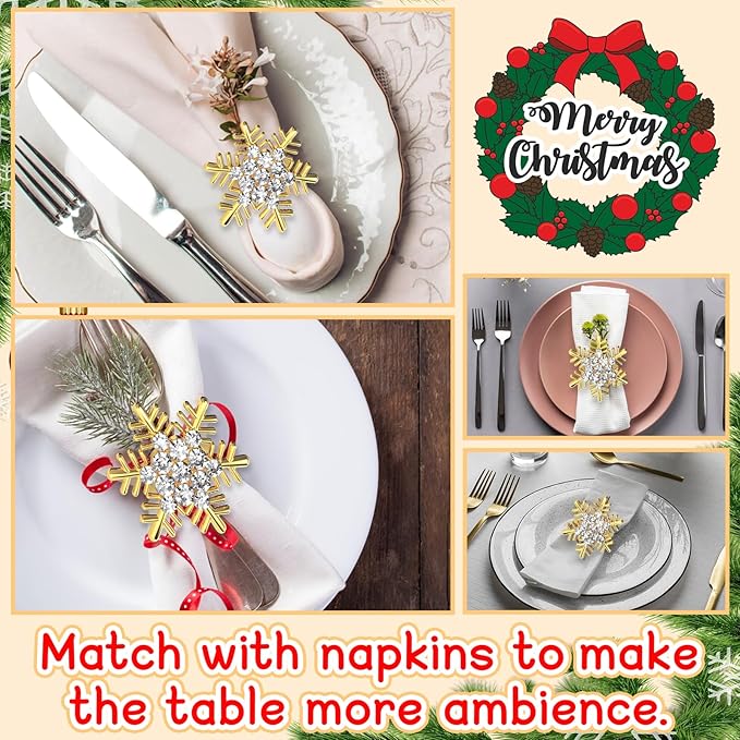 Halatool Christmas Napkin Rings Set of 12, Gold Snowflake with White Rhinestone Napkin Holder for Christmas Thanksgiving Winter Holiday Place Setting, Weddings, Party Table Decoration