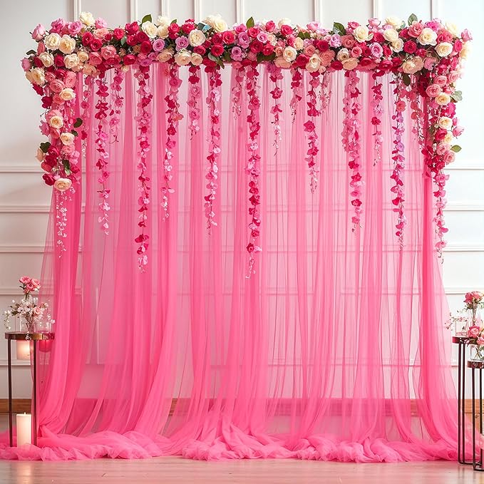 Hot Pink Tulle Backdrop Curtain for Parties 10ft x 10ft Fuchsia Sheer Backdrop Curtains for Baby Shower Birthday Wedding Bridal Shower Photo Shoot Photography Background Decoration 2 Panels 5ft x 10ft