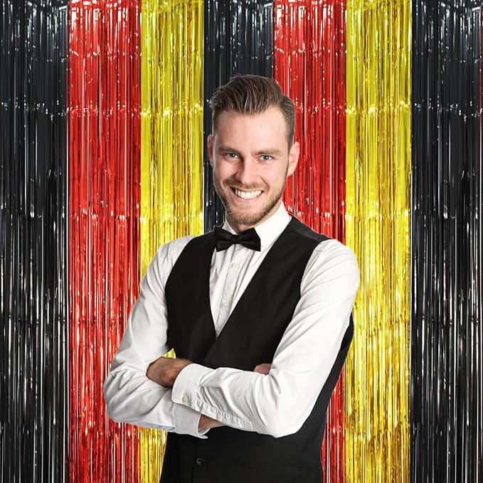 3 Pack 3.3 x 8.2 ft Red Black Gold Foil Fringe Backdrop Curtains, Tinsel Streamers Party Decorations, Fringe Backdrop, Door Shimmer for Thanksgiving Day or Birthday Party