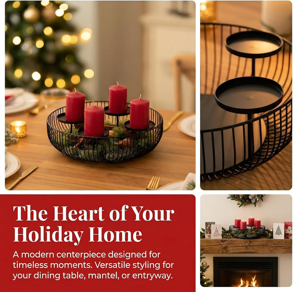 4-Tray Matte Black Candle Holder - Round Pillar Candle Holder for Fireplace Mantel, Dining Table Centerpiece, Modern Wire Basket Candle Stand for Home Decor, Wedding & Holiday Decorations