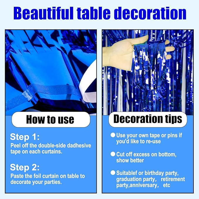 3 Pack 29 x108 Inch Blue Foil Fringe Table Skirts Metallic Banner for Tinsel Streamer Garland Backdrop for Parade Floats Wedding Thanksgiving Birthday Christmas Halloween New Year Party Decoration
