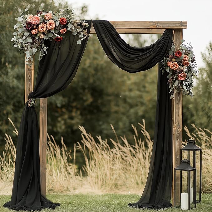Wedding Arch Draping Fabric 3 Panels 28.7" x 20FT Black Sheer Chiffon Backdrop Drapes for Wedding Ceremony Birthday Party Bridal Shower Outdoor Decoration