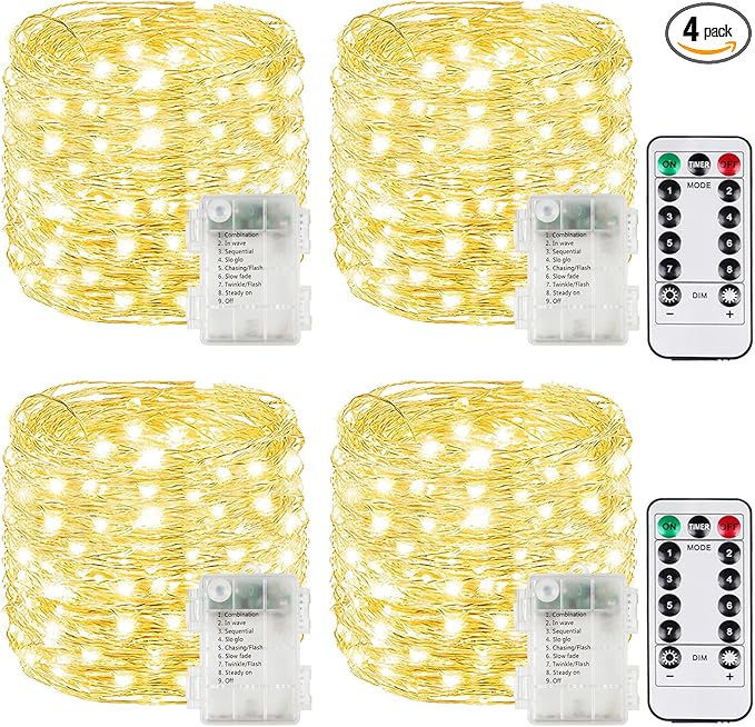 4 Pack Each 33FT 100LED Fairy Lights Battery Operated with Remote, Waterproof Twinkle Lights with Timer, Cuttable String Light Indoor & Outdoor for Bedroom Classroom Wedding DIY Christmas (Warm White)