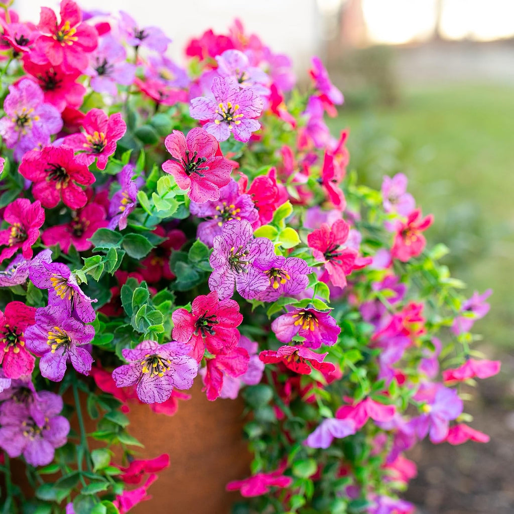 HyeFlora 2Pcs Fake Flowers Artificial Floral for Outdoors Decorations, Outside Flower Decor, UV Resistant Silk Flower for Front Porch Patio Garden(Purple and Hotpink)