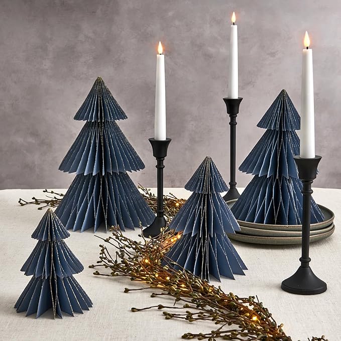 LampLust Winter Ornaments, 2 Pack Dusty Blue Honeycomb Paper Trees, 10 & 12 in, Blue Winter Wonderland Table Centerpieces Decorations for Home Mantel Decor