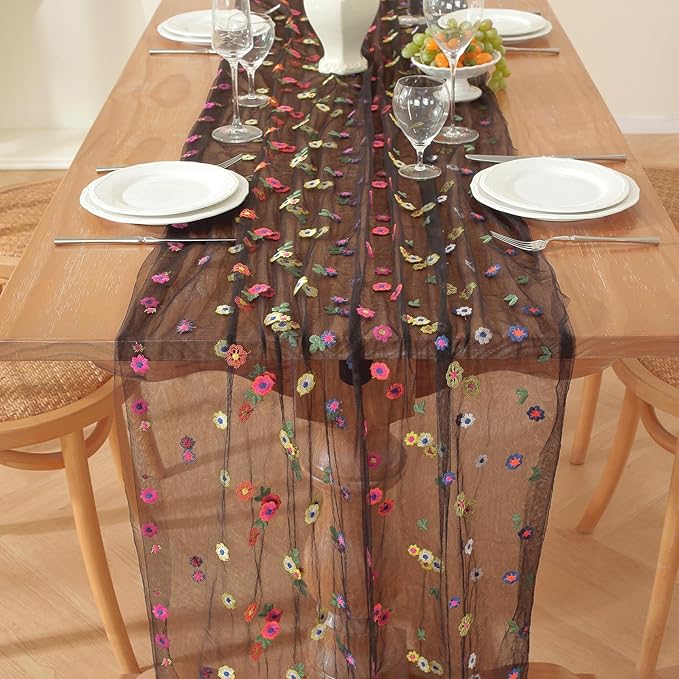 Black Embroidery Daisy Fall Table Runner 120Inch 10FT Florals Soft Sheer Tulle Fabric Table Runner for Home Decor, Brithday, Wedding, Baby Shower ,Holiday ,Parties, DIY Craft,1PC