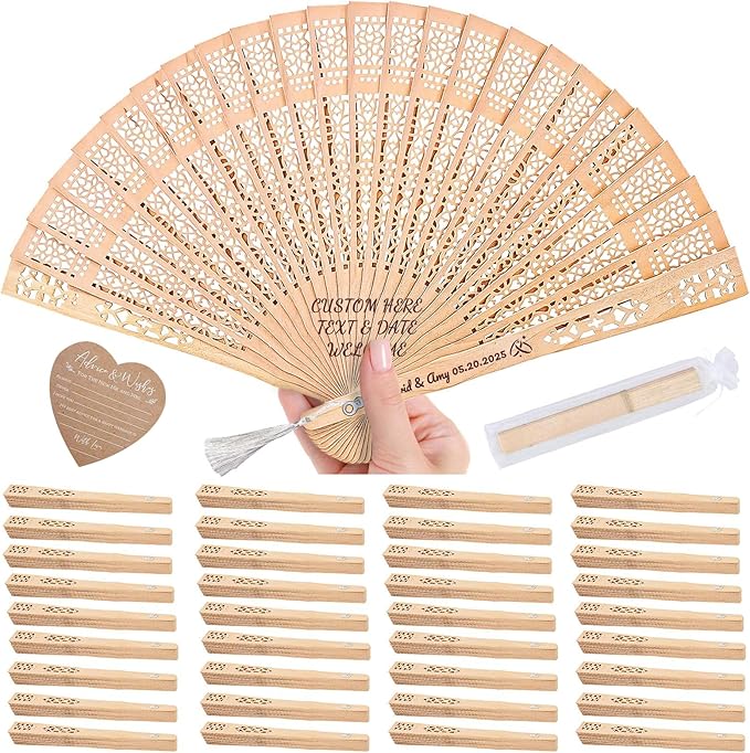 10pcs Personalized Wedding Fans for Guests - Custom Wooden Hand Fans with Names/Dates - Bulk Wedding Favors for Bridal Shower, Baby Shower & Parties (Wood, 10pcs)