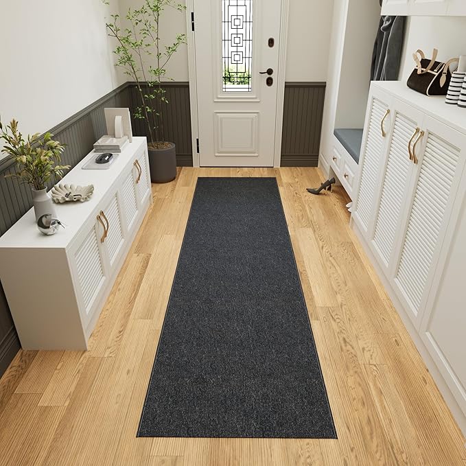 Ottomanson 2'7" x 24' Ultra-Thin Hallway Runner Rug - Durable Non-Slip Carpet for High-Traffic Areas - Fits Under Doors for Seamless Entry - Ideal for Kitchen, Entryway, Bedroom & Living Room, Black