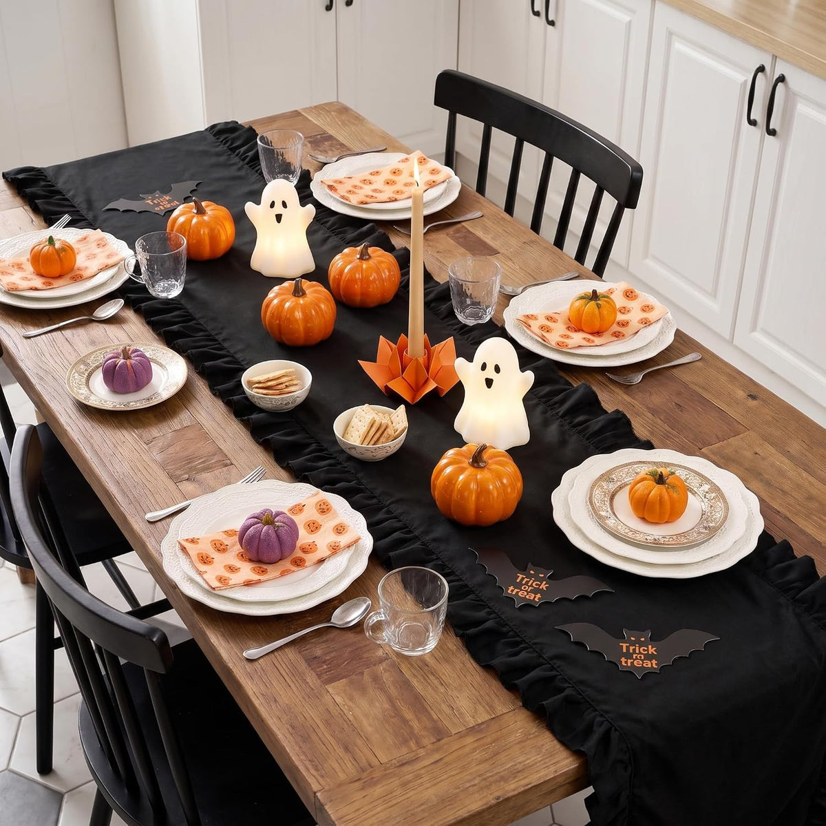 Black Ruffled Table Runner 118 inch Scalloped Table Runners,3pcs