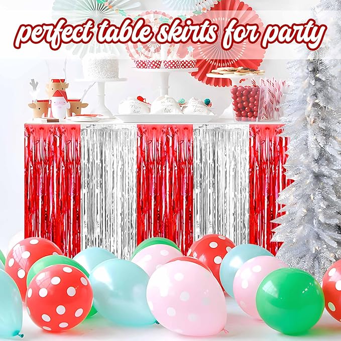 3 Pack Red and Silver Foil Fringe Table Skirts Metallic Tinsel Streamers Garland Banner Backdrop for Table Decor, Parade Float, Birthday, Wedding, Halloween, Christmas Party Decorations(29x108 In)