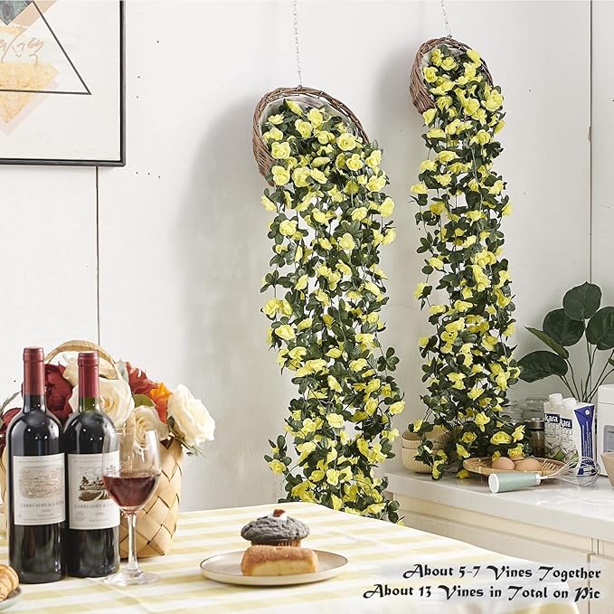 8 Pcs x 8.2 ft Flower Garland Artificial Rose Vine Flowers with Green Leaves Hanging Fake Roses Vine for Room Party Home Wedding Birthday Christmas Wall Arch Decor, Spring Yellow Flower