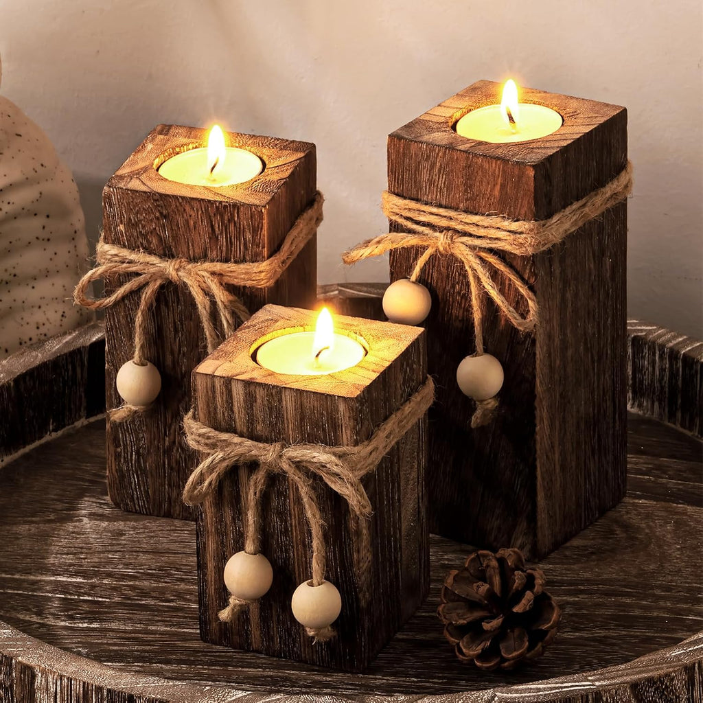 MelonBoat Rustic Wood Candle Holders: Farmhouse Candle Holders with Battery Operated Candles，Rustic Farmhouse Decor, Flameless LED Candles 3-Pack for Living Room Party Holiday Home Decor