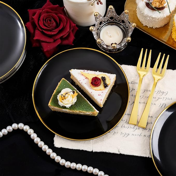 Festiva 200Pcs Black Gold Dessert Plates 6.3" with Plastic Forks 5"- Small Disposable Plates- Dessert/Cake/Appetizer Plastic Plates include 100Plates 100Forks for Christmas Party&Halloween&New Year