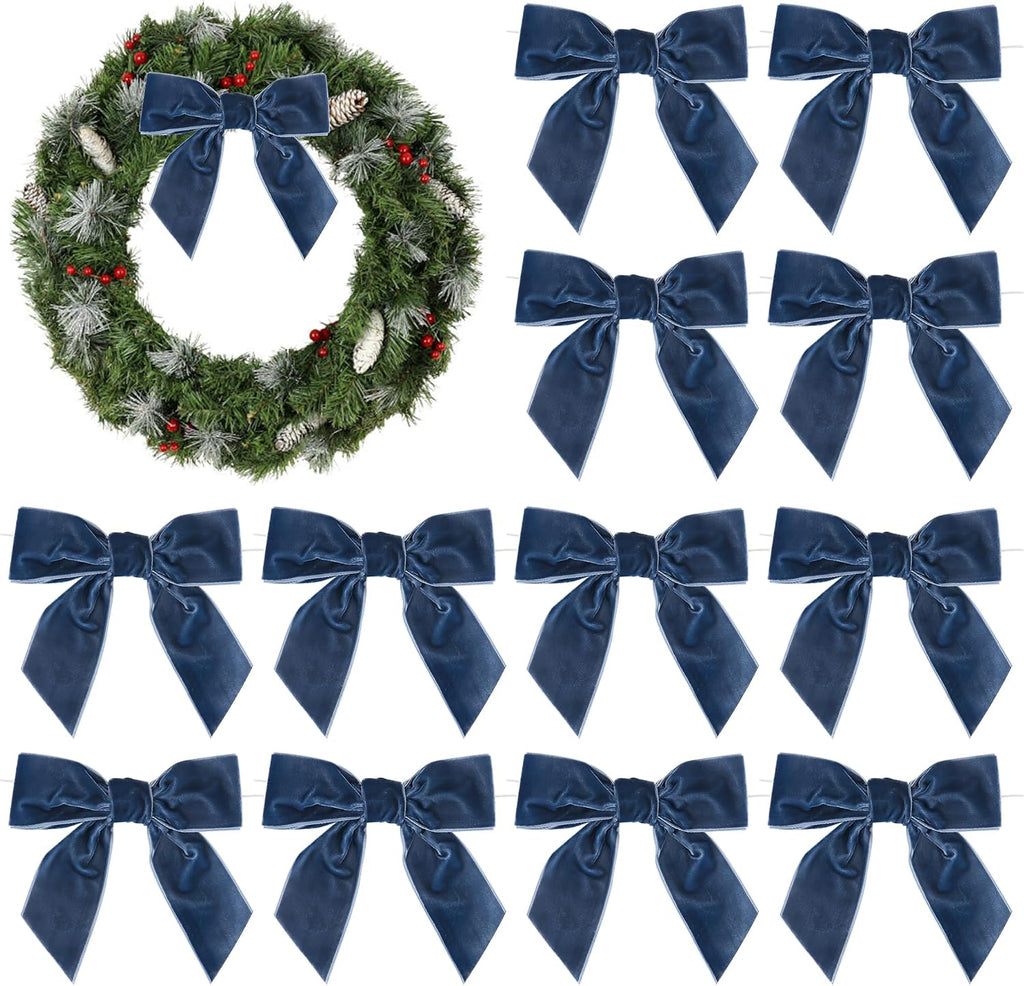 AIMUDI Dusty Blue Velvet Bows - 4.5" Blue Christmas Bows for Tree, Wreaths, Gift Wrapping & Wedding Decor - 12 PCs