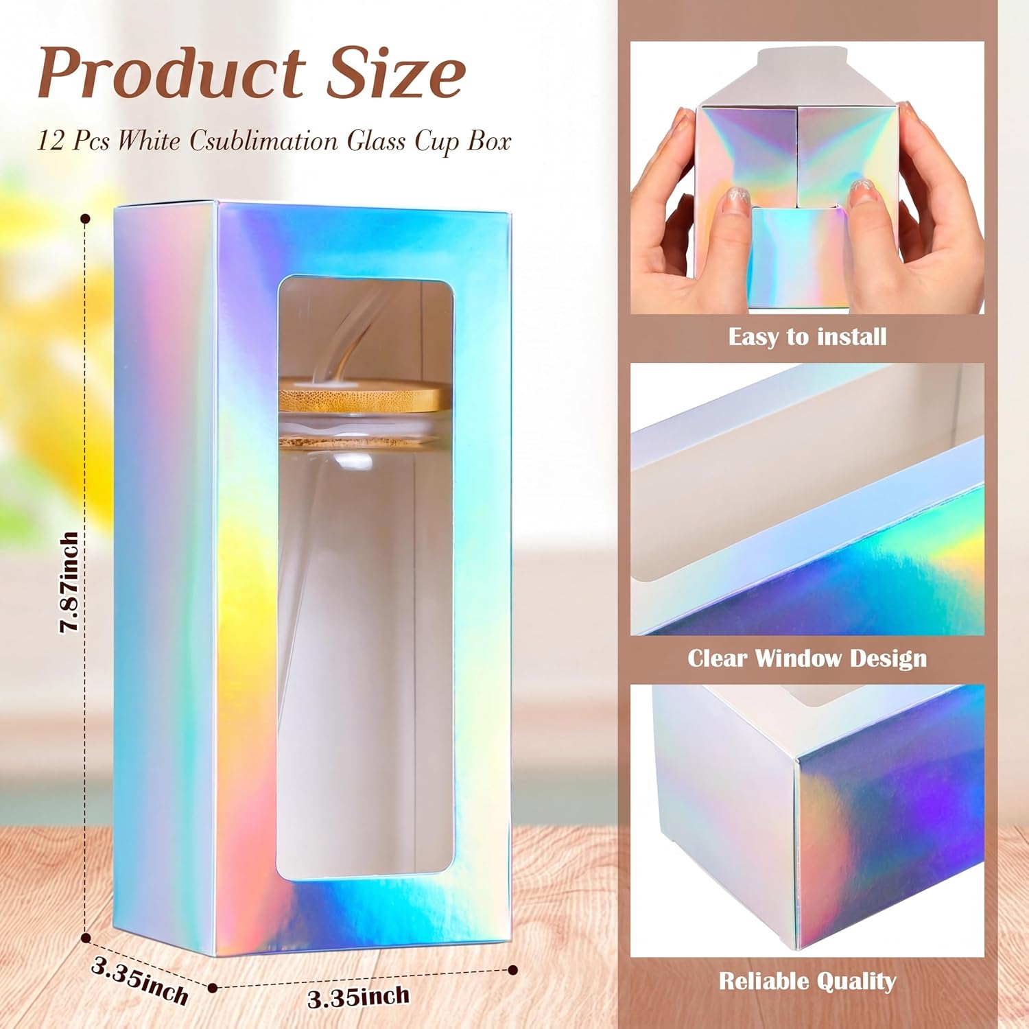 Honoson 12 Pcs Tumbler Gift Box with Ribbon for Sublimation Glass Exhibition Boxes Transparent for 12oz 16oz 20oz Drinking Cup Glasses Jars Mug Can Blanks (7.87 x 3.35 x 3.35",Laser Color)
