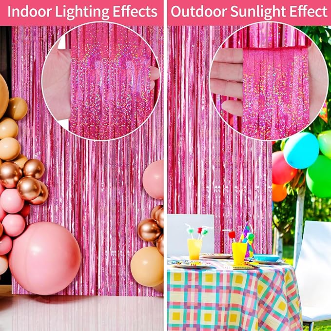 Picoway 4 Pack Pink Foil Fringe Tinsel Backdrop Curtains, Birthday Engagement Bachelorette Party Decorations, Photo Booth Props Door Streamers Curtain