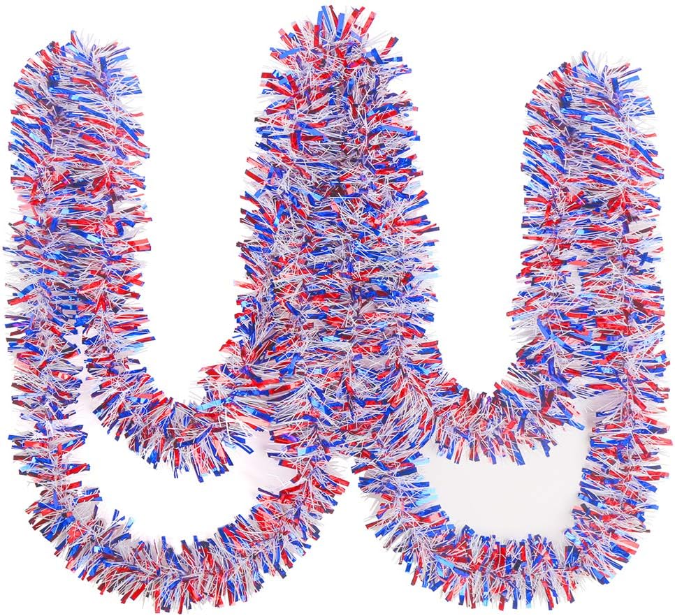 CCINEE 33ft Patriotic Tinsel Garland,Red White Blue Star Twisted Garland for 4th of July Party Independence Day Memorial Day Home Party Decoration