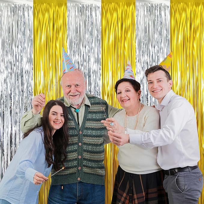 GOER 6.4 ft x 8.2 ft Metallic Tinsel Foil Fringe Curtains Party Backdrop Party Streamers for Birthday,Graduation,New Year Eve Decorations Wedding Decor (2 Pcs,Gold&Silver)