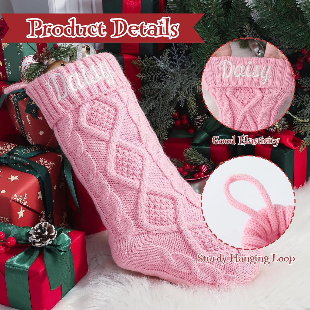 Personalized Christmas Stockings with Christmas Cards,Custom Embroidered Name Pink Christmas Stocking for Baby Kids Girl Family,18" Large Cable Knit Xmas Stockings for Fireplace
