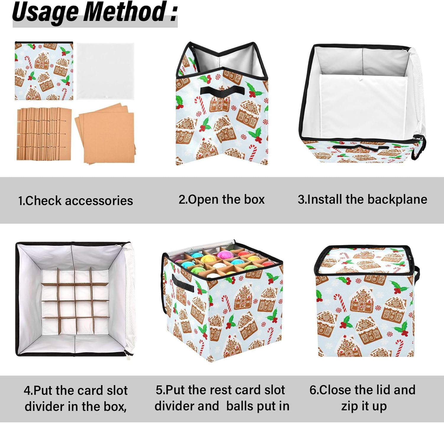 Christmas Gingerbread House Christmas Ornament Storage Box, Hold 64 Holiday Ornament 3”, Adjustable Dividers Handle Zipper Storage Container, Xmas Decoration Accessories