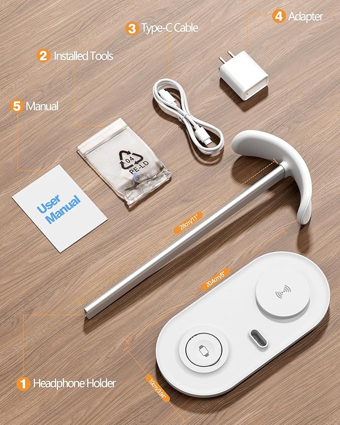 Universal Headphone Stand, Magnetic Wireless Charger for iPhones/AirPods/iWatch, Aluminum Alloy Rod, Leather Pad, ABS Solid Base, White