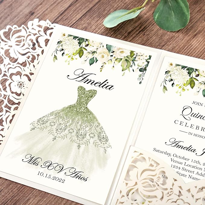 DORIS HOME 50pcs Laser Cut Quinceanera Invitations Green and Ivory White, 4.7x7.1 Blank Quince Invitations for 15th Birthday, Invitation cards for Sweet 16 with Envelopes