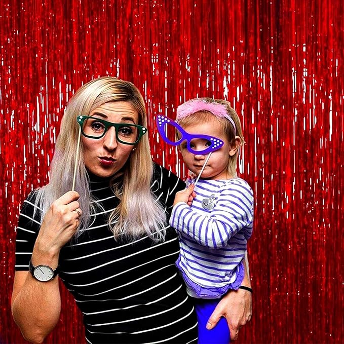 4 Pack Red Foil Fringe Curtain Backdrop, 3.28Ft x 8.2Ft Metallic Tinsel Foil Fringe Streamer for Party, Photo Booth Props, Birthday, 2022 Mother's Day Decoration Party Supplies