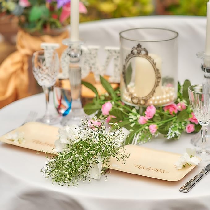 Mr. and Mrs. Disposable Wedding Plates – Rustic, Compostable Alternative to Plastic Plates for Wedding Receptions, Engagement Parties, and Rehearsal Dinners (Salad/Dessert, 50-Pack)