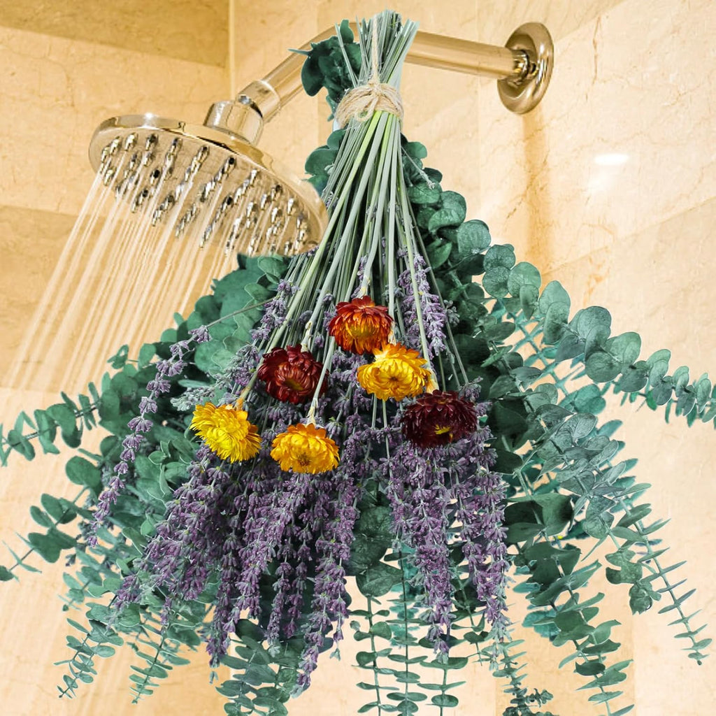 115 Pcs Eucalyptus Stems & Lavenders Flowers Bundles for Shower, 17'' Upgrade Hanging Shower Plant, Natural Real Eucalyptus Leaves Lavenders Stems with Chrysanthemums, Fragrant Bathroom Decor