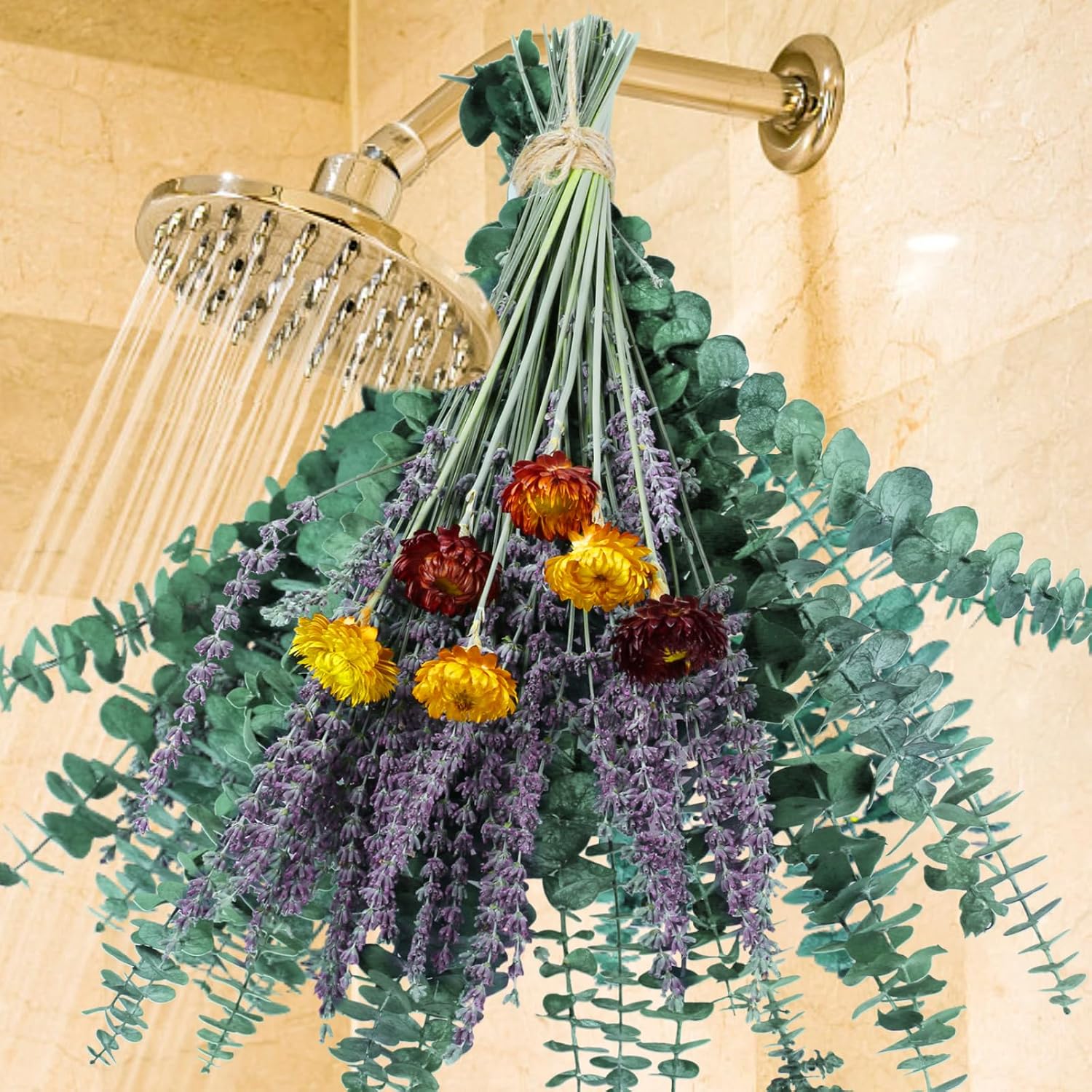 115 Pcs Eucalyptus Stems & Lavenders Flowers Bundles for Shower, 17'' Upgrade Hanging Shower Plant, Natural Real Eucalyptus Leaves Lavenders Stems with Chrysanthemums, Fragrant Bathroom Decor
