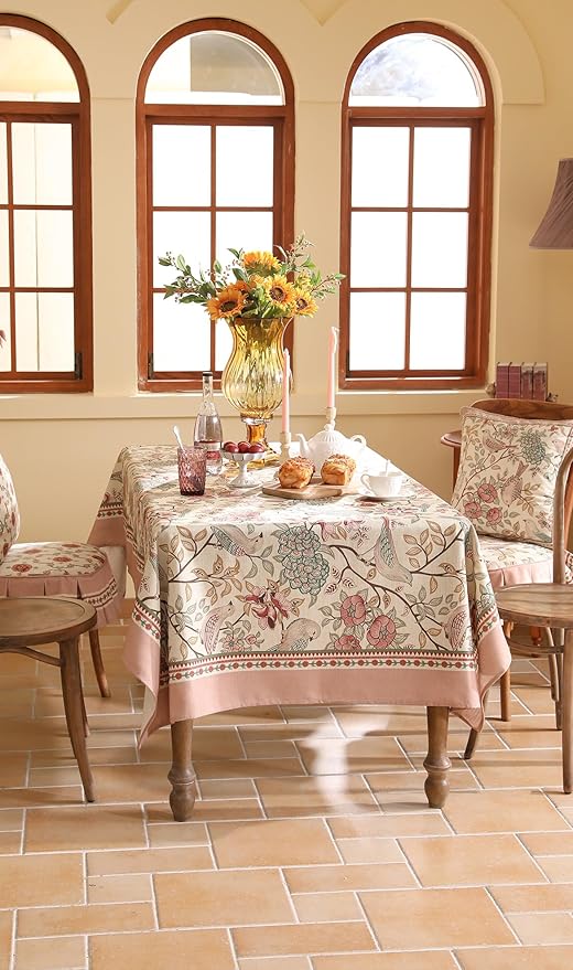 patdrea Designer Pink Linen Table Cloth for Rectangle Table,Vintage Floral with Birds Pattern Decorative Tablcloth,French Table Cover for Kitchen Dining,Thanksgiving,Christmas,63"x94"-Kulom a