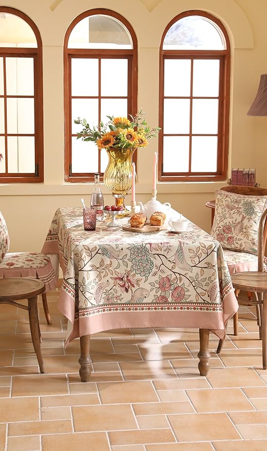 patdrea Designer Pink Linen Table Cloth for Sqaure Table,French Tablecloth with Birds Pattern,Small Colorful Decoration Cover for Kitchen Dining,Christmas,Party,Thanksgiving,67"x67"-Kulom a