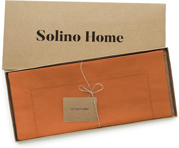 Solino Home Cotton Linen Pumpkin Table Runner 72 Inches Long - Hemstitch Table Runner 14 x 72 Inch for Dresser, Dining, Fall, Autumn, Halloween, Thanksgiving, Holiday