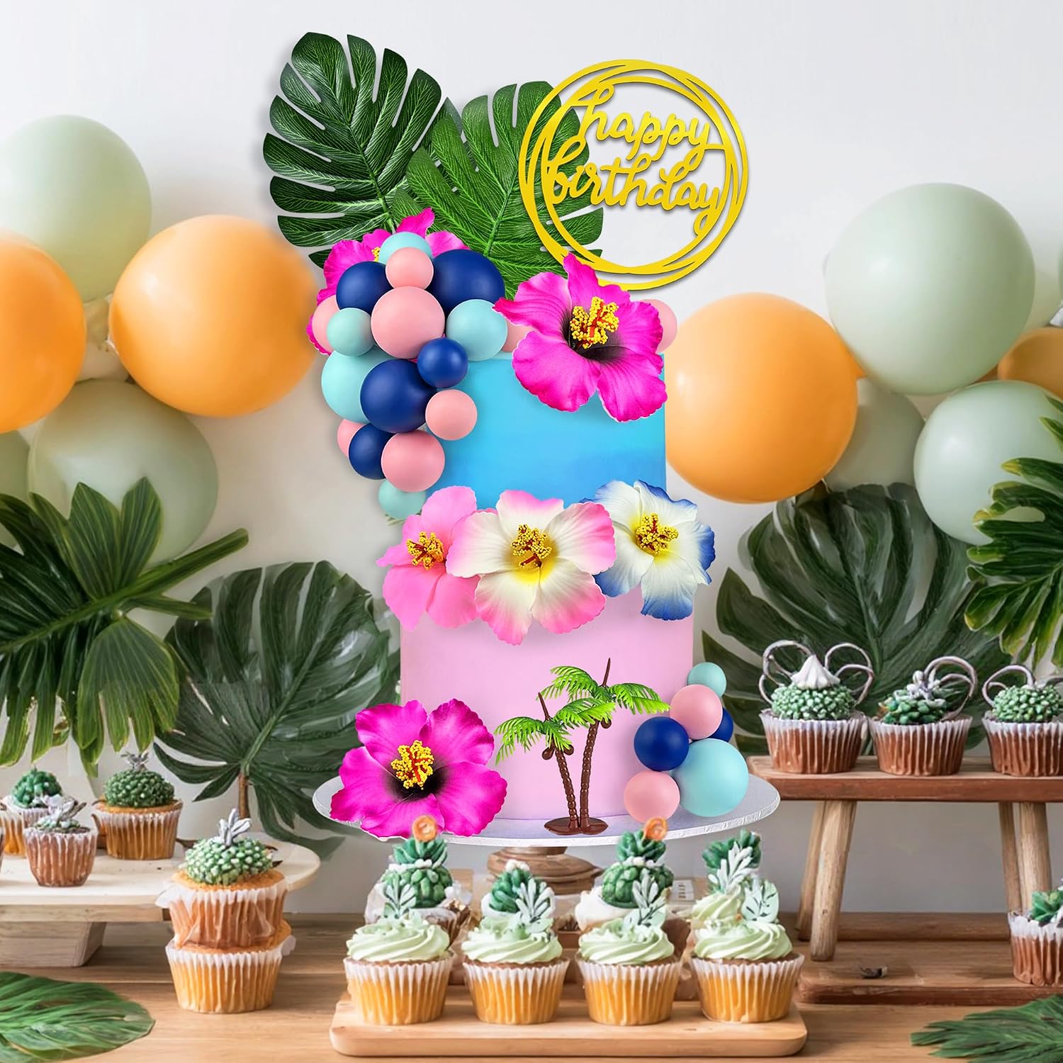 36pcs Hawaiian Flower Cake Decoration Tropical Cake Toppers with Palm Leaves and Summer Flowers Suitable for Summer Themed Birthday Themed Party Supplies (Blue Pink)
