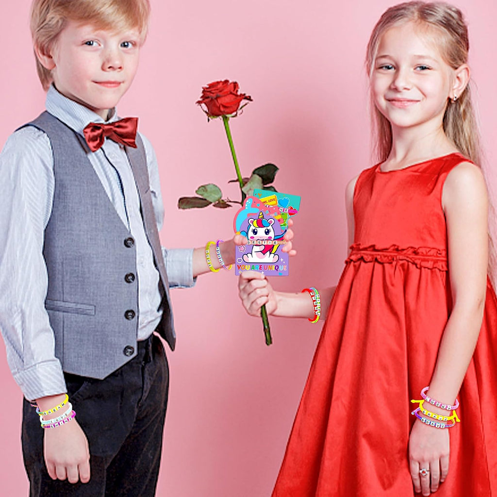 Gofriipai Valentines Day Cards for Kids School with Bracelets 24 Pack, Valentines Day Gifts for Kids Classroom with Friendship Bead Bracelets, Exchange Gift Valentine Party Favors for Kids Girls Boys