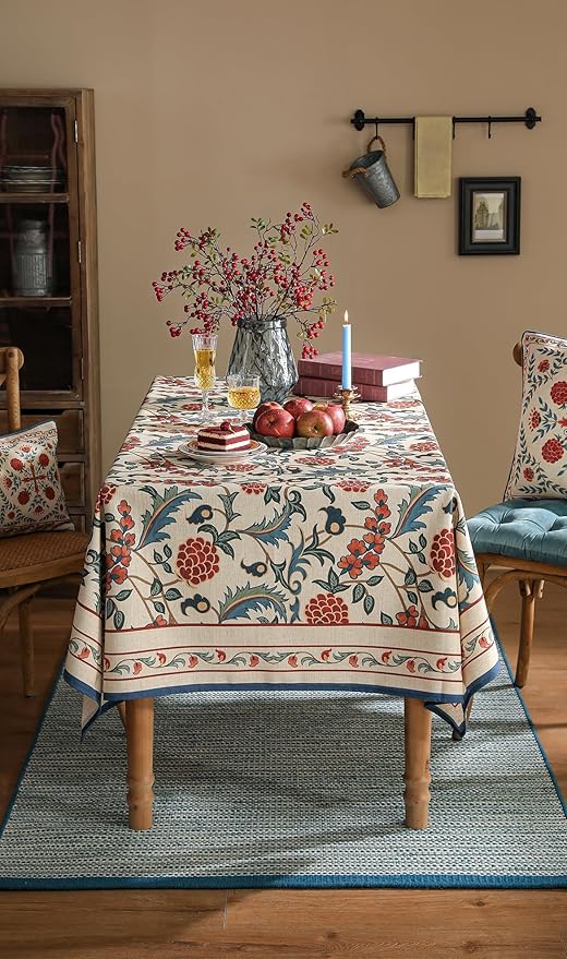 patdrea Designer Vintage Linen Long Tablecloth for Rectangle Table,French Soft Durable Floral Tablecloths,Colorful Table Cover for Kitchen Dining,Parties,Christmas,Thanksgiving,Party,63"x94"-Puno