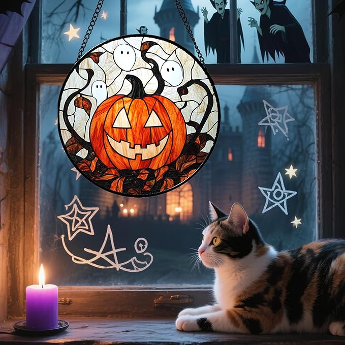 Stained Glass Window Hanging - Halloween Decorations Pumpkin Ghost Suncatcher for Doors Garden Indoor Spooky Funny Orange Sun Catchers Gothic Decor Horror Gifts for Women Men Friend 11.8 in