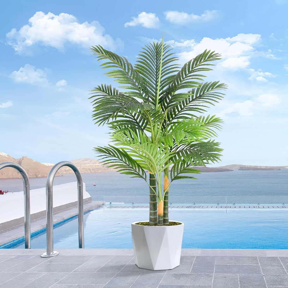 4ft tall triple golden cane palm artificial tree shown in use