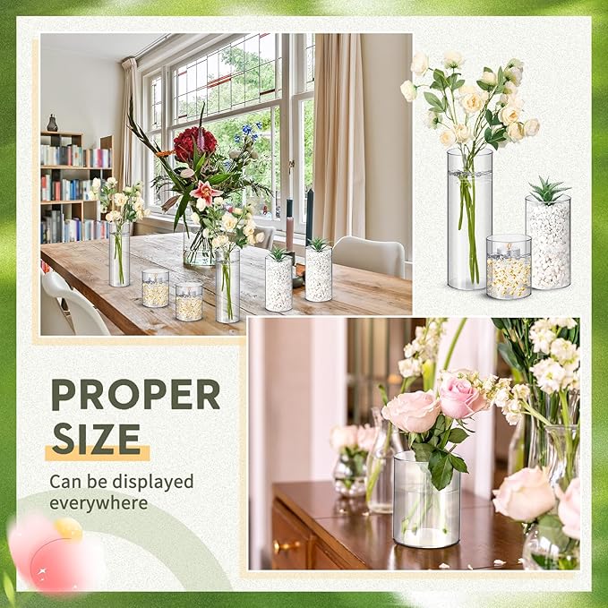 Nuogo 24 Pcs Plastic Cylinder Vases Tall Clear Flower Vases for Centerpieces Hurricane Candle Holder for Home Wedding Office Party Formal Dinners Decorations (4''/6''/8'')