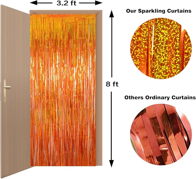 Reusable Foil fringe Curtains Halloween Decor Indoor Party Decorations - Melsan 3 Pack 3.2 x 8.2 ft Tinsel Curtain Party Photo Backdrop for Birthday Party Baby Shower or Graduation Decorations (Orange)